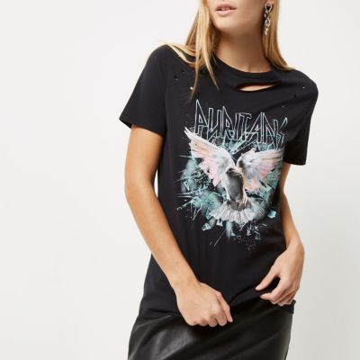 Black rock band distressed T-shirt